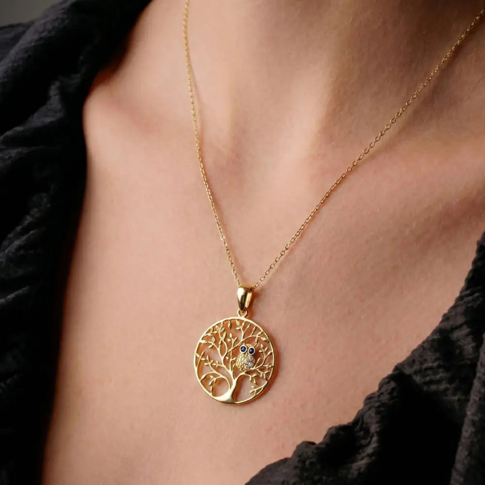 14K Solid Gold Tree of Life Necklace Wisdom Owl Pendant Charm Gift Family Tree Jewelry Nature Lover Gift for Her