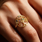 14K Solid Gold Tree of Life Ring Multicolored Gemstones Handmade Jewelry Nature-Inspired Design