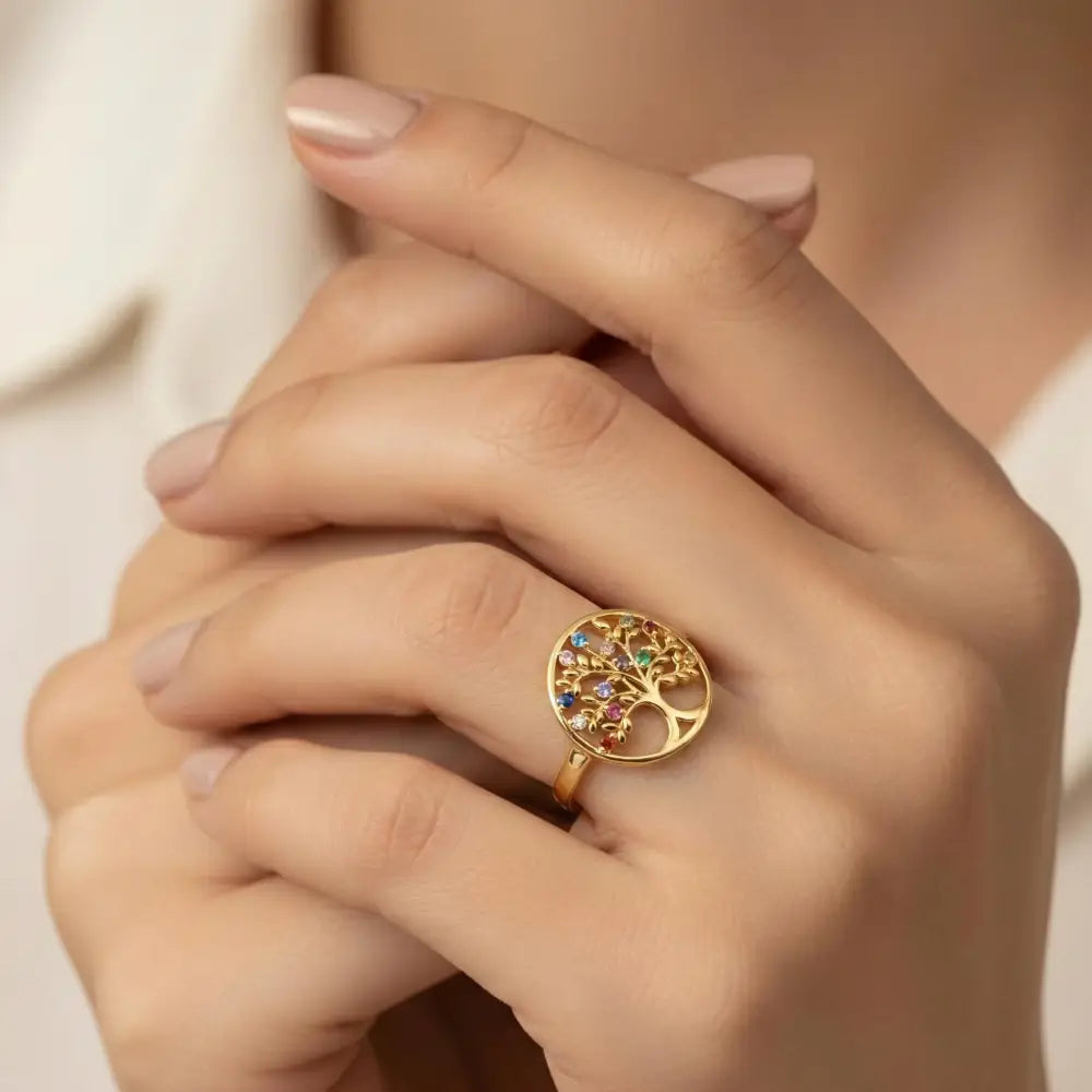 14K Solid Gold Tree of Life Ring Multicolored Gemstones Handmade Jewelry Nature-Inspired Design - Statement Ring