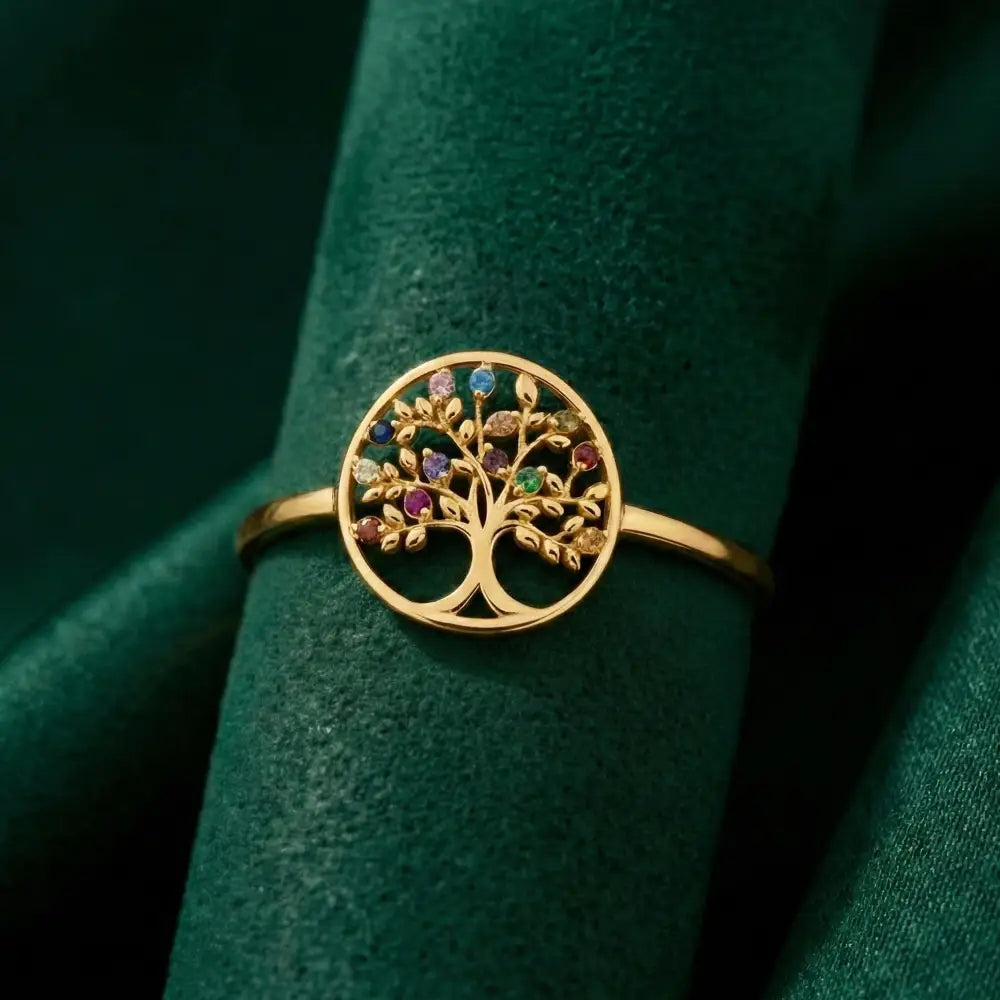 14K Solid Gold Tree of Life Ring Multicolored Gemstones Handmade Jewelry Nature-Inspired Design