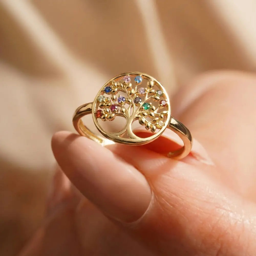 14K Solid Gold Tree of Life Ring Multicolored Gemstones Handmade Jewelry Nature-Inspired Design