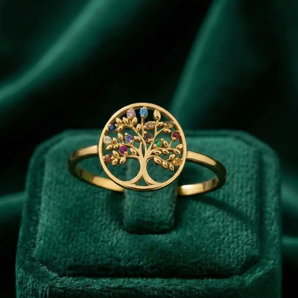 14K Solid Gold Tree of Life Ring Multicolored Gemstones Handmade Jewelry Nature-Inspired Design - Statement Ring