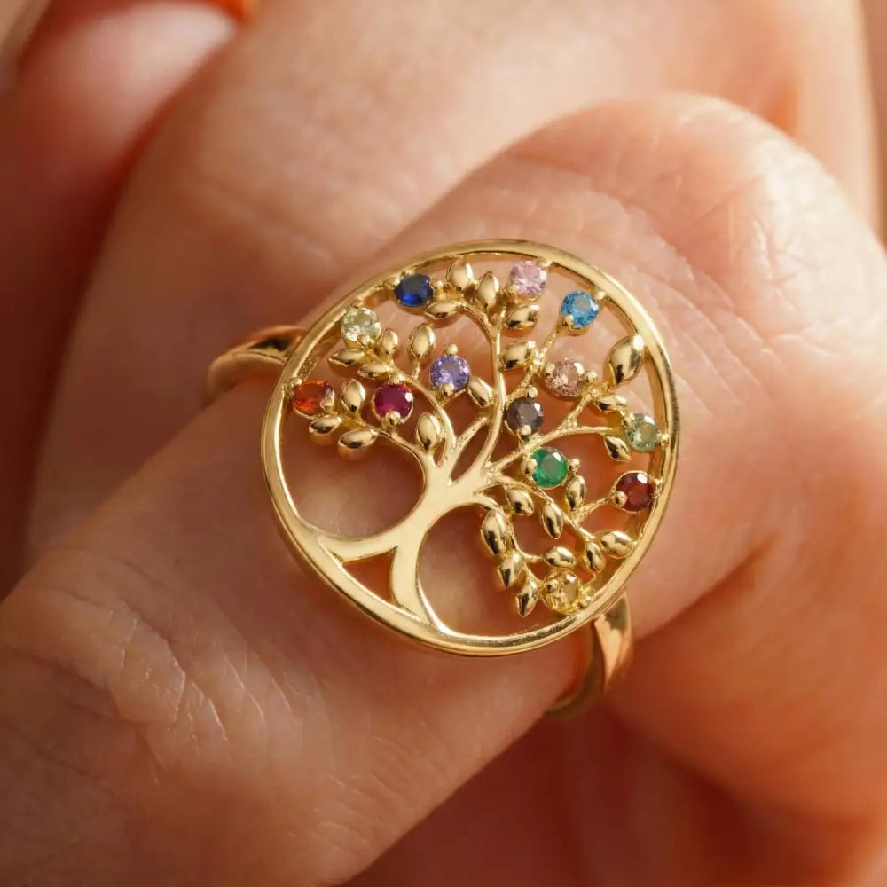 14K Solid Gold Tree of Life Ring Multicolored Gemstones Handmade Jewelry Nature-Inspired Design - Statement Ring