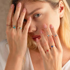 14K Solid Gold Turquoise Heart Evil Eye Ring Boho Stackable Ring