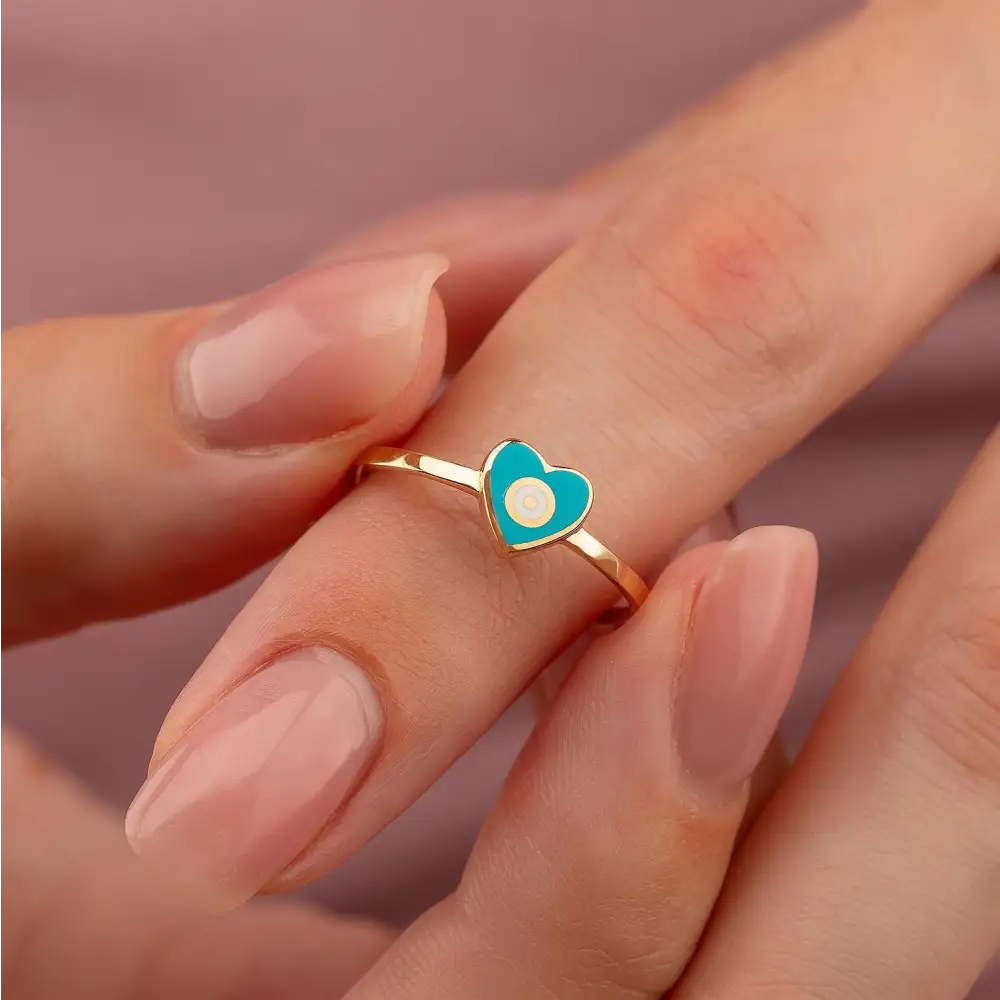 14K Solid Gold Turquoise Heart Evil Eye Ring Boho Stackable Ring