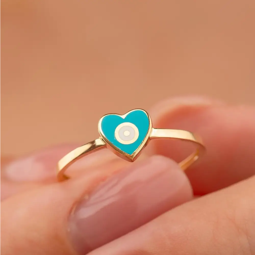 14K Solid Gold Turquoise Heart Evil Eye Ring Boho Stackable Ring