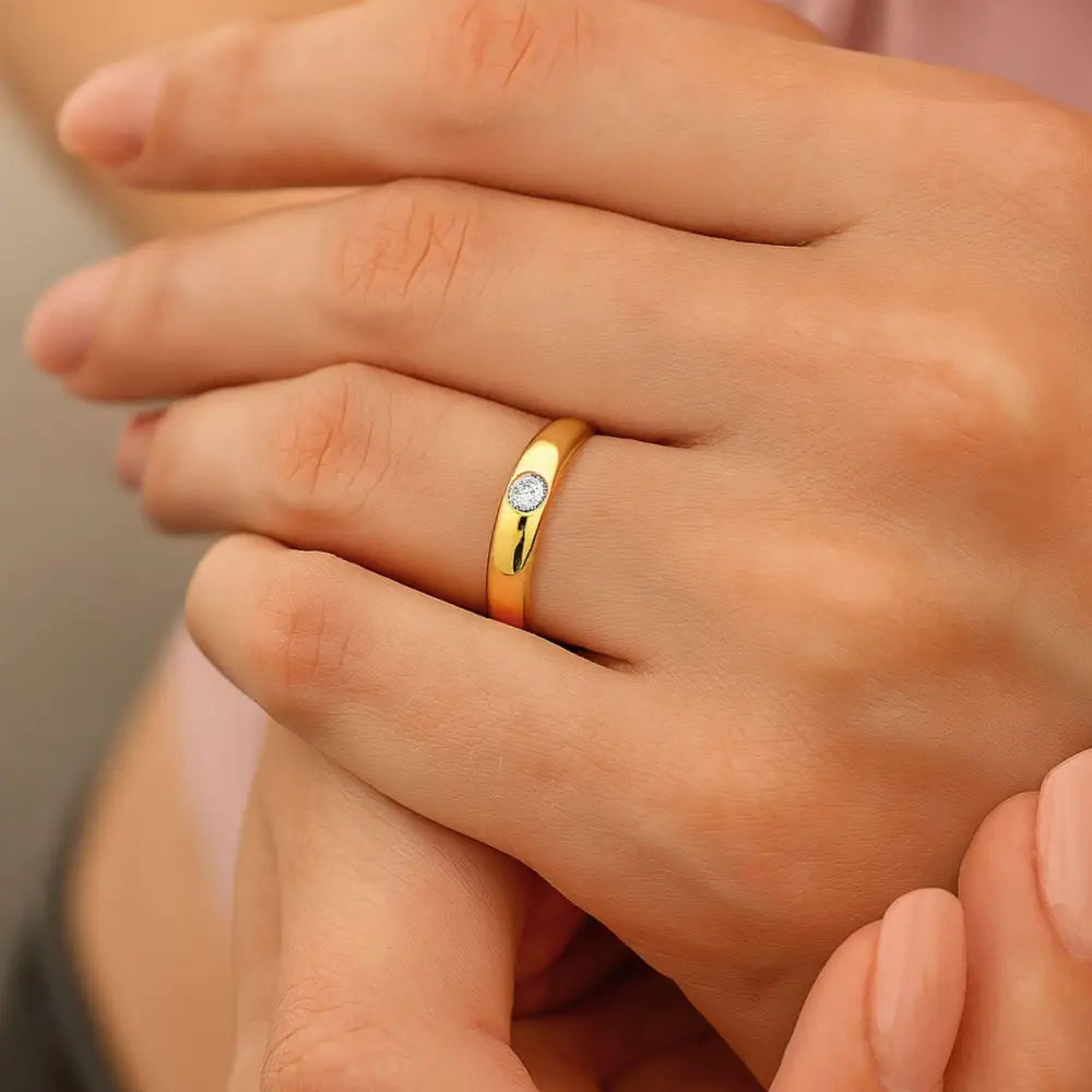 14K Solid Gold Wedding Band 2.2 mm Dome Simulated Diamond Ring