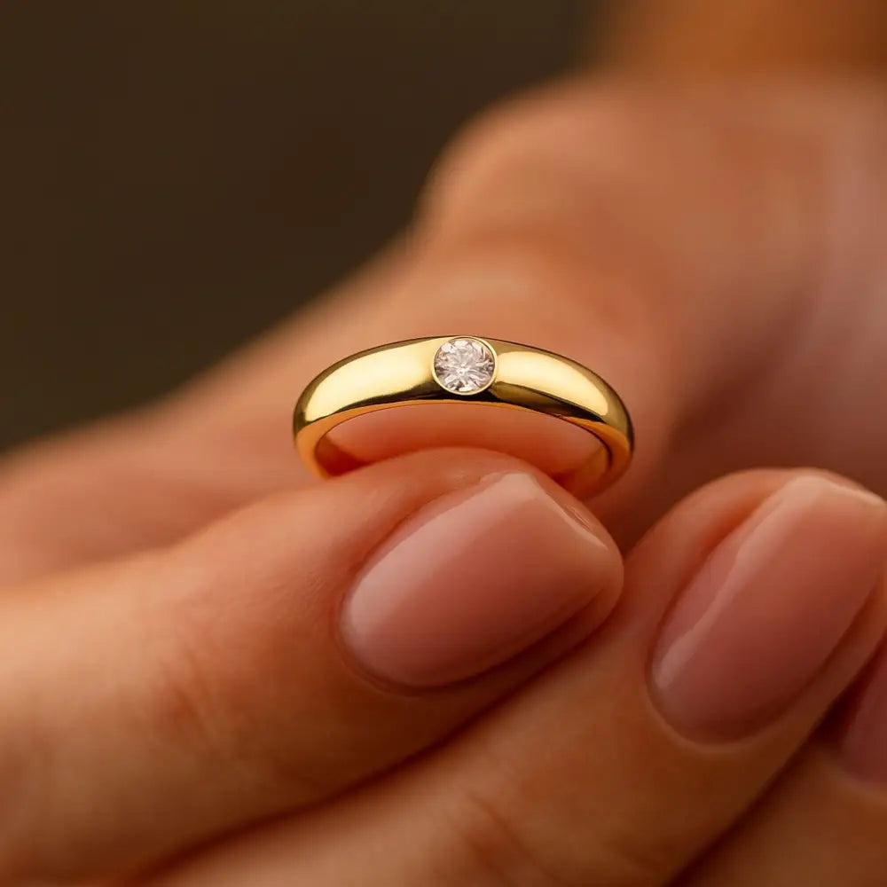 14K Solid Gold Wedding Band 2.2 mm Dome Simulated Diamond Ring