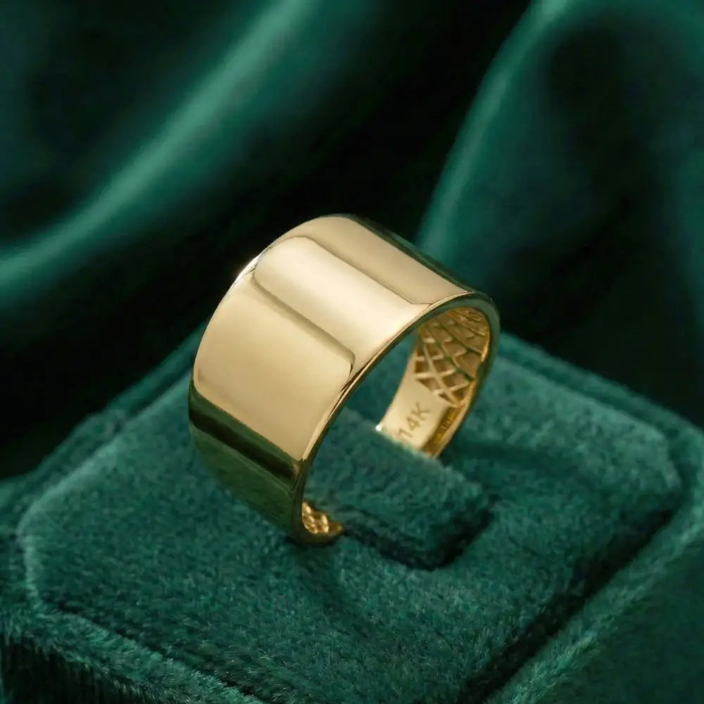 14K Solid Gold Wide Cigar Ring 14mm Bold Statement Band for Men Women Chunky Plain Gold Wedding Band Large Unisex Ring