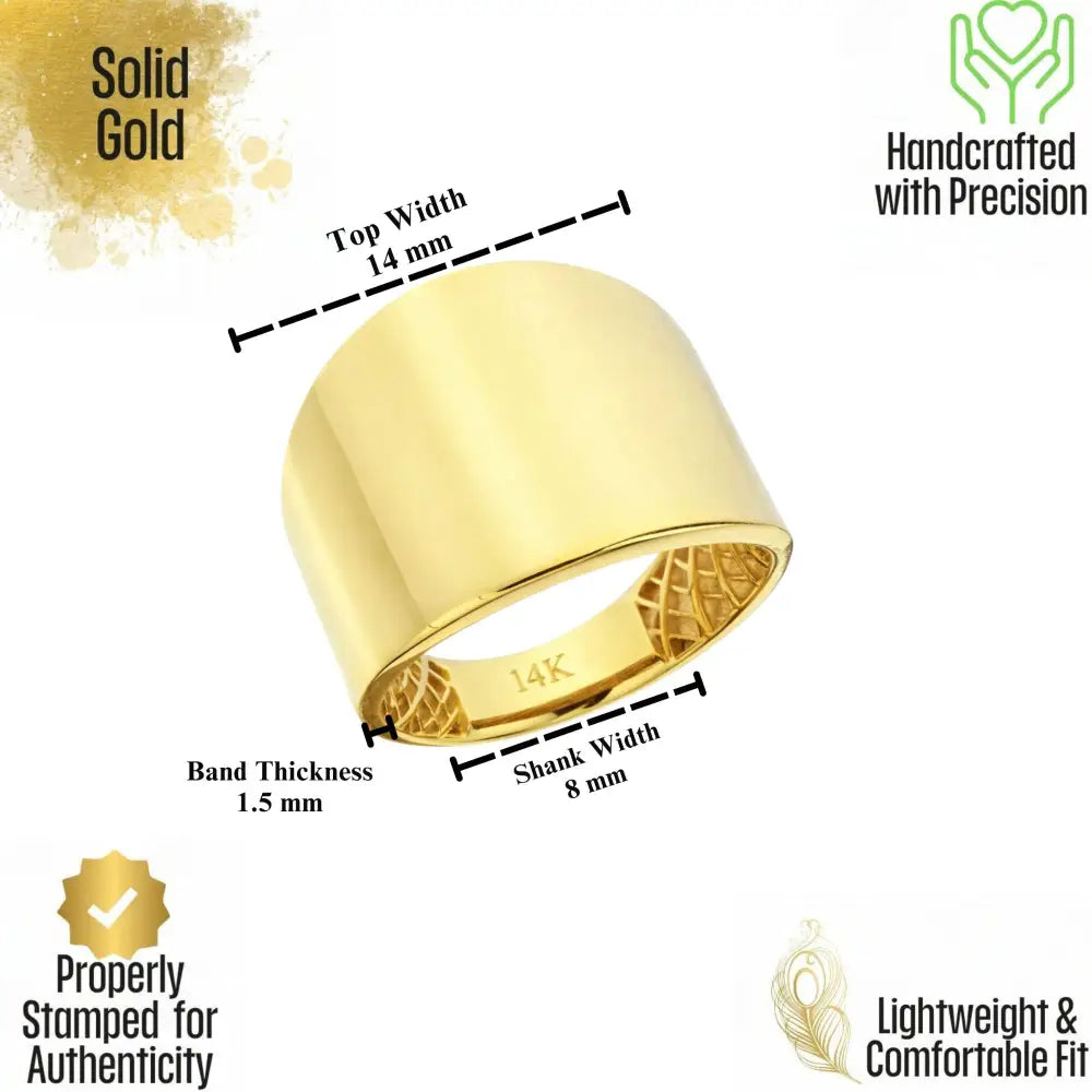 14K Solid Gold Wide Cigar Ring 14mm Bold Statement Band for Men Women Chunky Plain Gold Wedding Band Large Unisex Ring