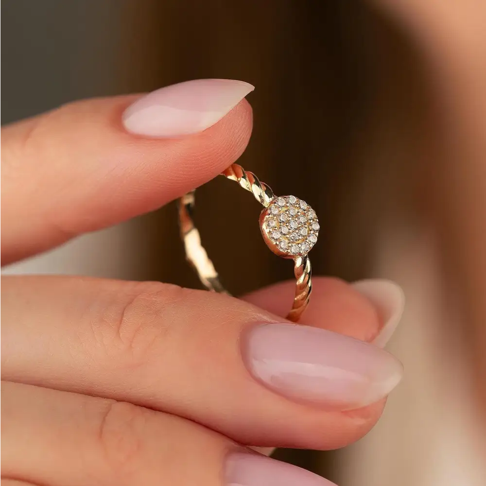 14K Yellow Gold Braided Wedding Ring with Simulated Diamond for Woman