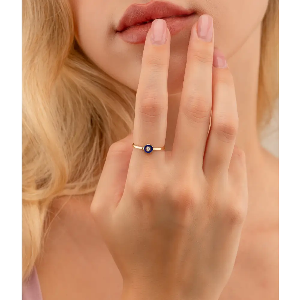 14KYellow Gold Circle Evil Eye Ring Blue - Rings