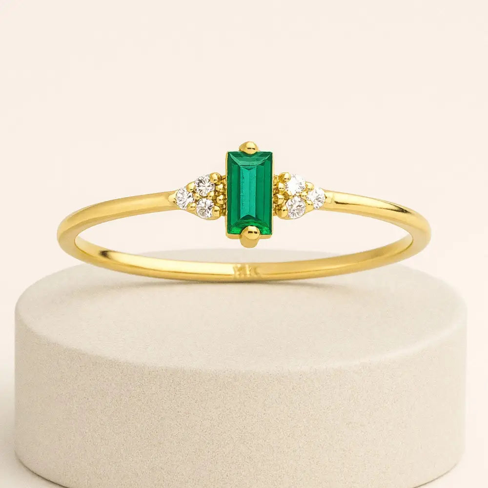 Baguette Emerald Engagement Ring – 14K Solid Gold Vintage Style with Simulated Diamond Accents