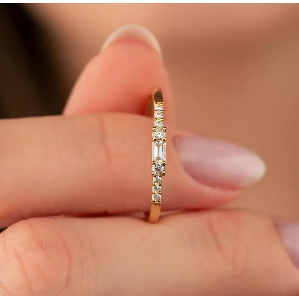 Baguette Engagement Ring 14K Solid Yellow Gold CZ Diamond Wedding Band