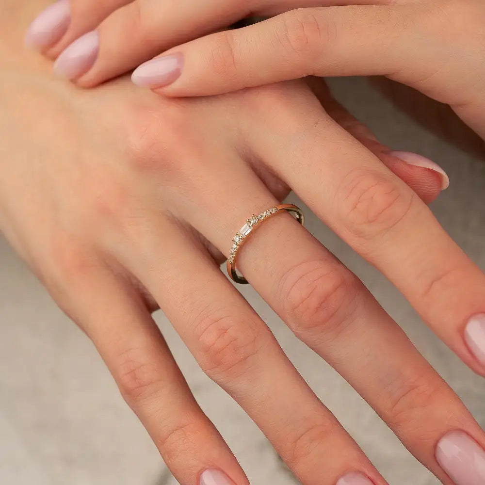 Baguette Engagement Ring 14K Solid Yellow Gold CZ Diamond Wedding Band