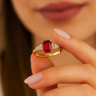 Baguette Ruby 14K Gold Ring Vintage Style with Simulated Diamonds