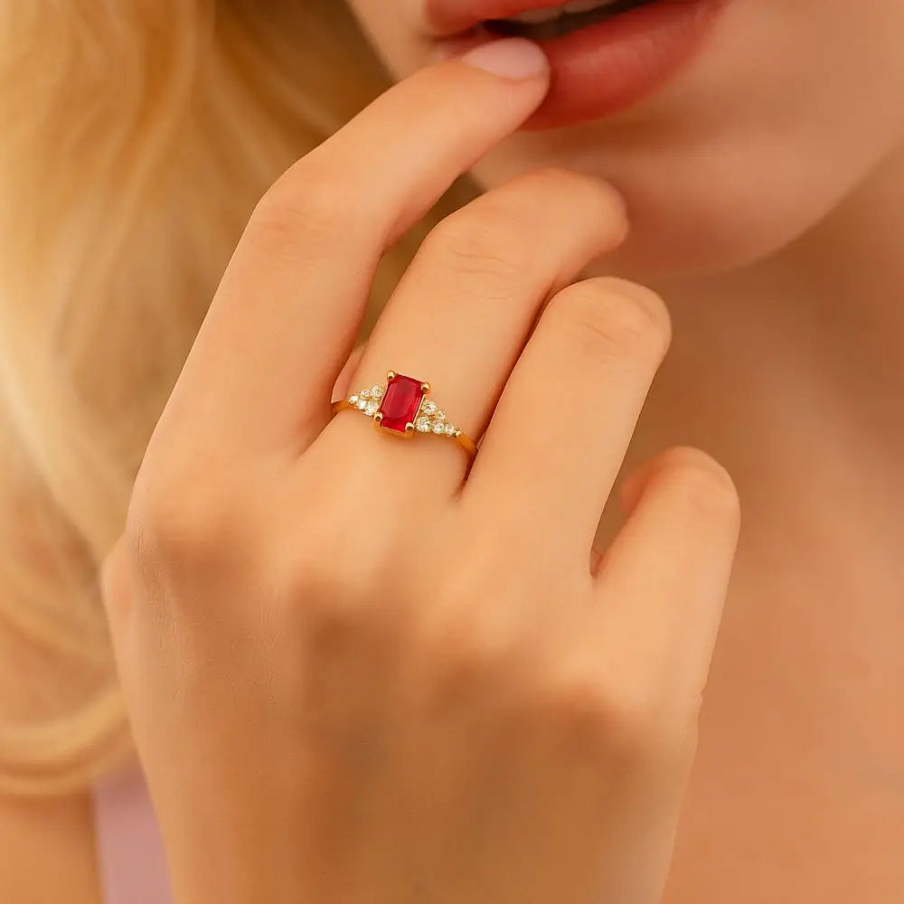 Baguette Ruby 14K Gold Ring Vintage Style with Simulated Diamonds