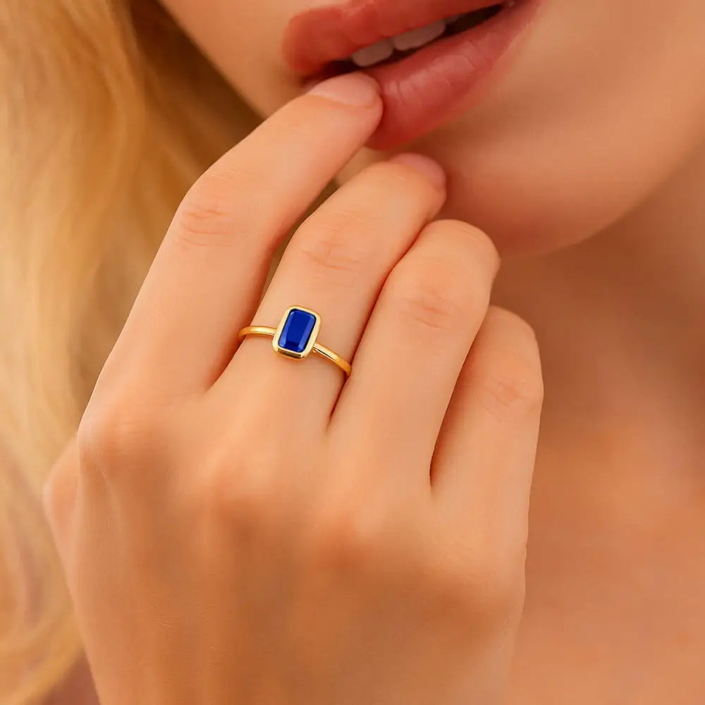Baguette Sapphire Ring 14K Gold Bezel Setting Minimalist Wedding Ring for Women