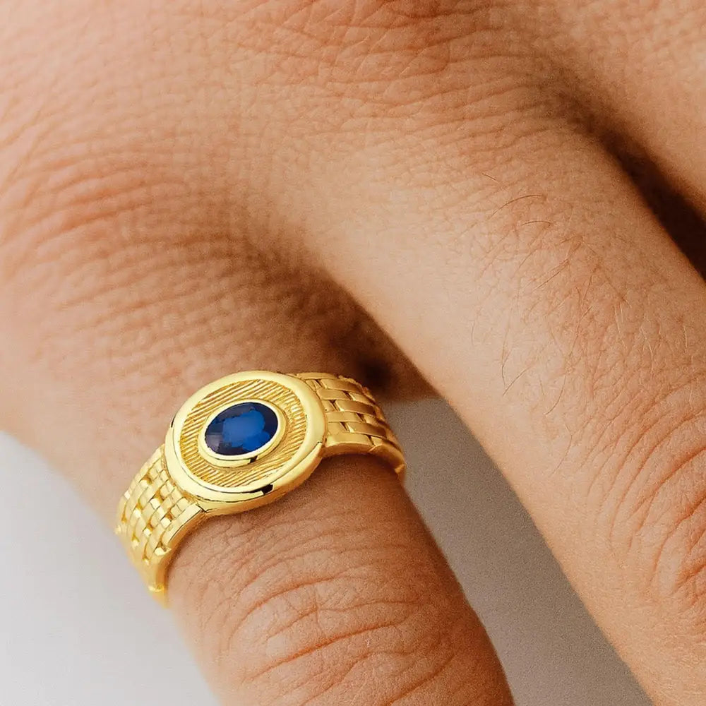 Bezel Sapphire Signet Ring: Oval September Birthstone 14K Solid Gold Chunky Chain Style Band