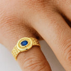 Bezel Sapphire Signet Ring: Oval September Birthstone 14K Solid Gold Chunky Chain Style Band