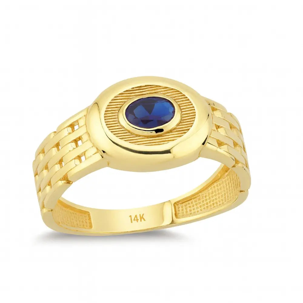 Bezel Sapphire Signet Ring: Oval September Birthstone 14K Solid Gold Chunky Chain Style Band