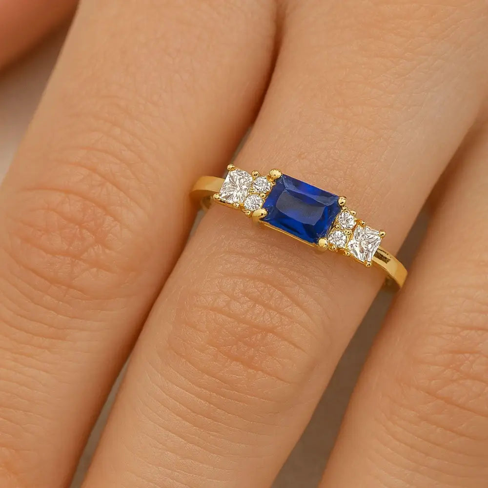 Blue Sapphire Engagement Ring – 14K Solid Gold Emerald Cut Birthstone with Simulated Diamond Accents
