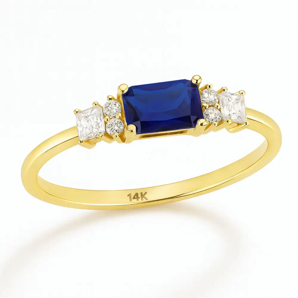 Blue Sapphire Engagement Ring – 14K Solid Gold Emerald Cut Birthstone with Simulated Diamond Accents