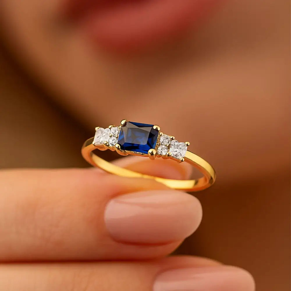 Blue Sapphire Engagement Ring – 14K Solid Gold Emerald Cut Birthstone with Simulated Diamond Accents