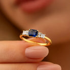 Blue Sapphire Engagement Ring – 14K Solid Gold Emerald Cut Birthstone with Simulated Diamond Accents