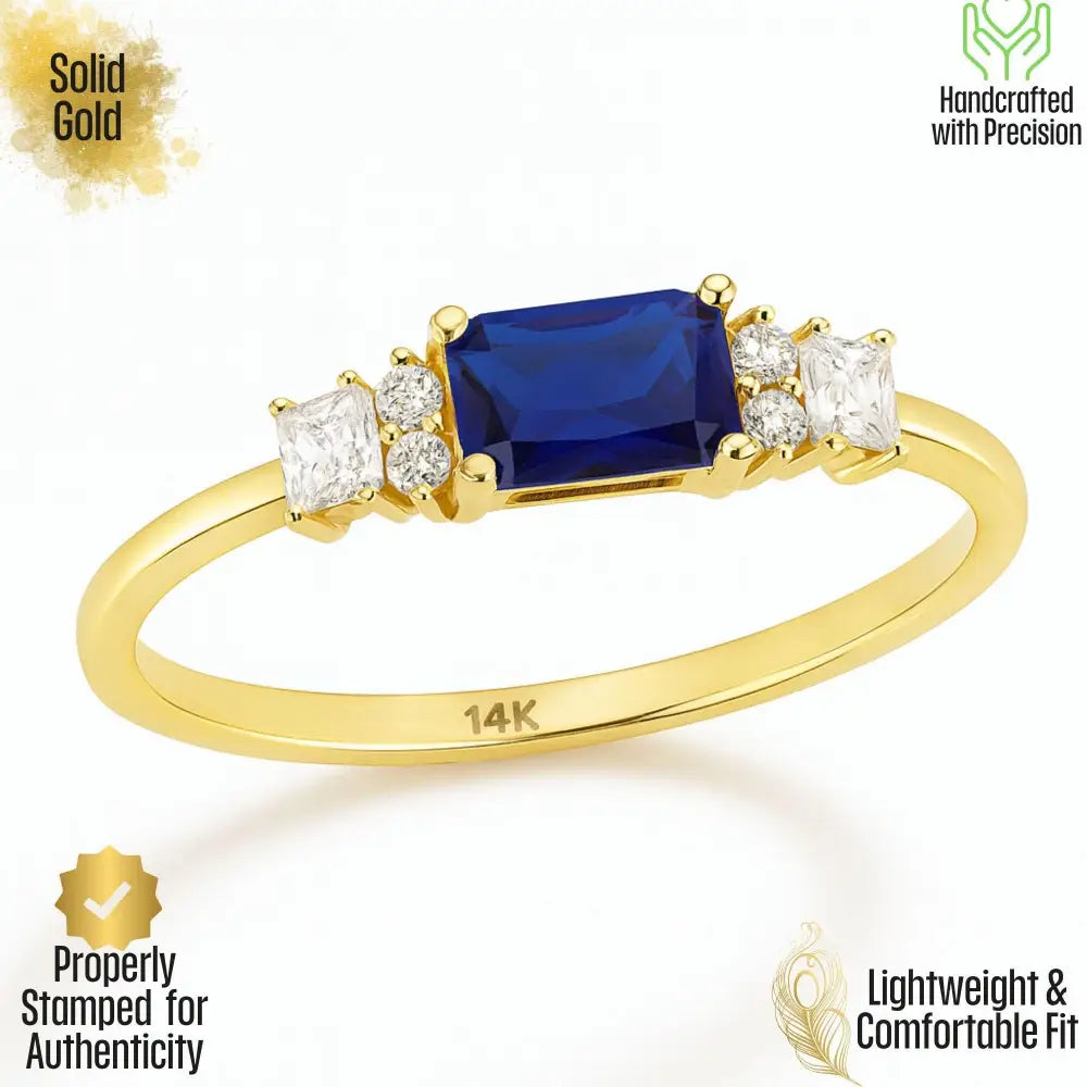 Blue Sapphire Engagement Ring – 14K Solid Gold Emerald Cut Birthstone with Simulated Diamond Accents