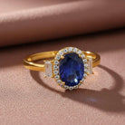 Blue Sapphire Engagement Ring 14K Solid Gold Simulant Diamond Halo