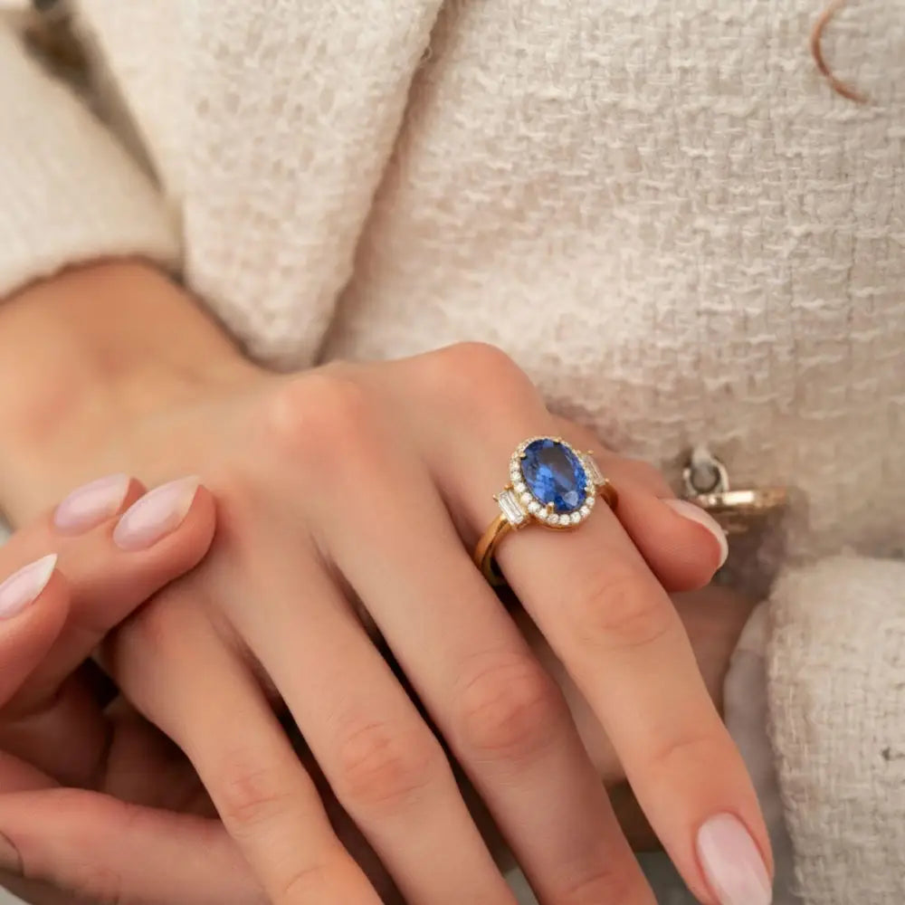 Blue Sapphire Engagement Ring 14K Solid Gold Simulant Diamond Halo