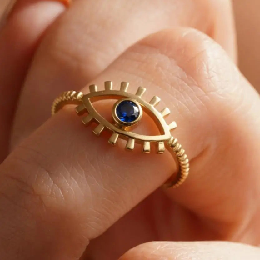 Blue Sapphire Evil Eye Ring – 14K Solid Gold Dainty September Birthstone Gift for Women