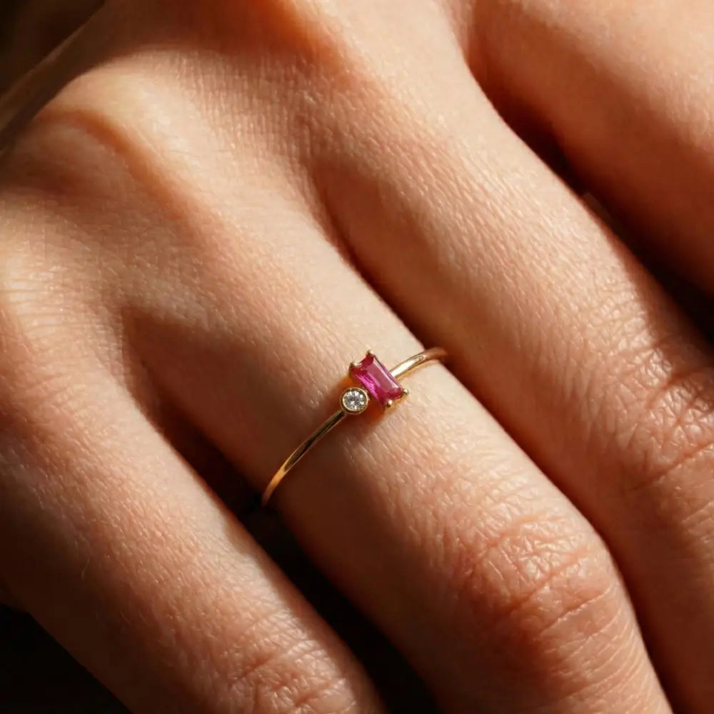 Customized 14K Gold Ruby and Diamond Ring Minimal Rectangle Elegant Gold Jewelry for Women