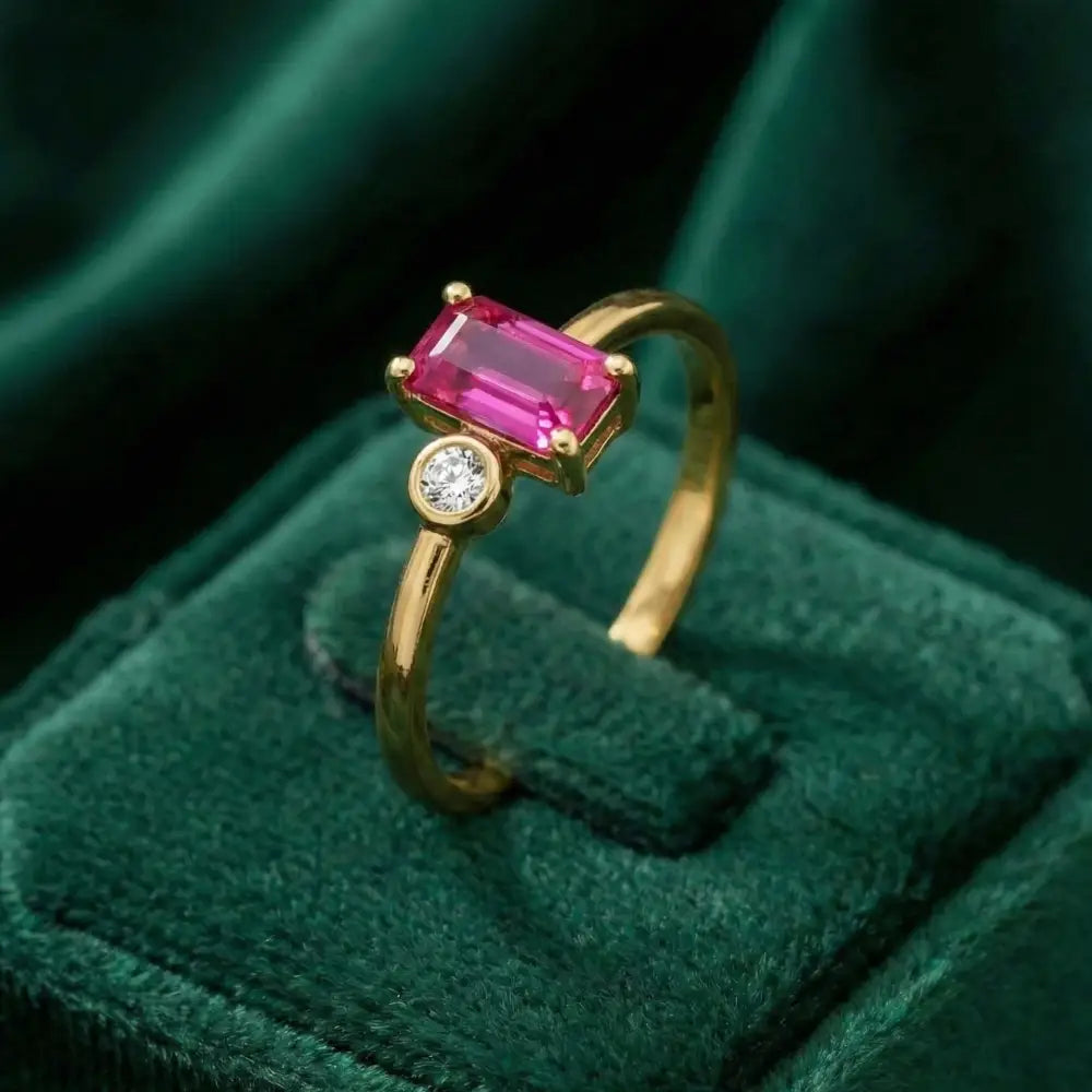 Customized 14K Gold Ruby and Diamond Ring Minimal Rectangle Elegant Gold Jewelry for Women