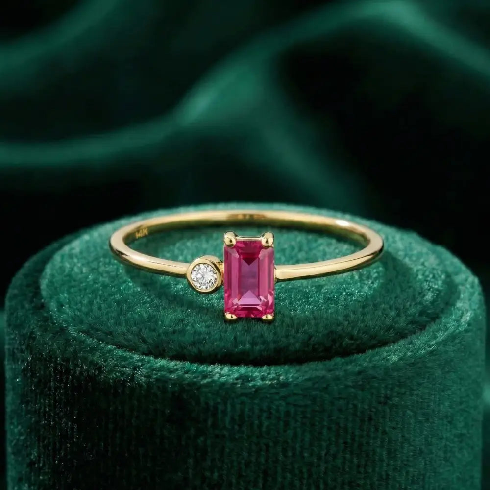 Customized 14K Gold Ruby and Diamond Ring Minimal Rectangle Elegant Gold Jewelry for Women