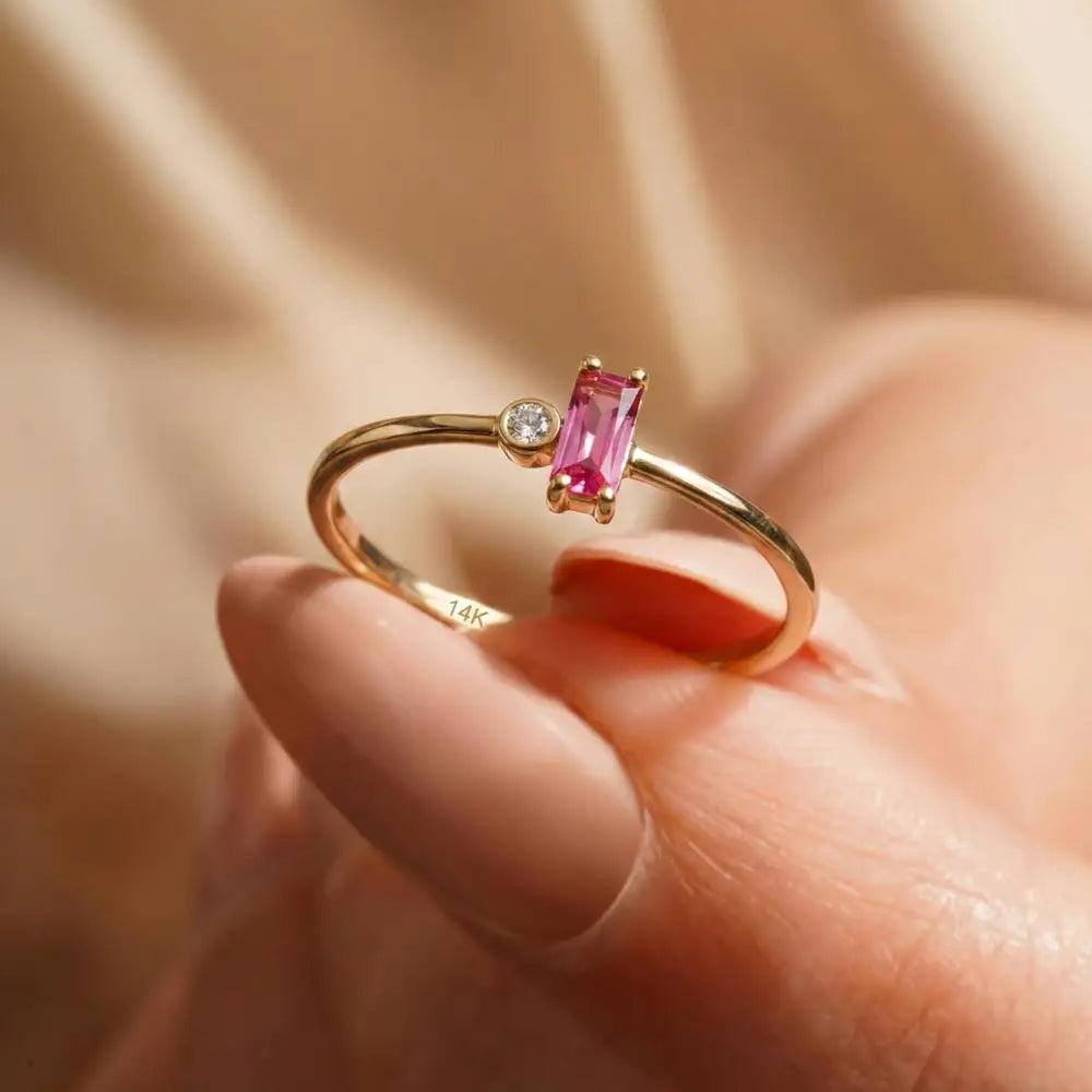 Customized 14K Gold Ruby and Diamond Ring Minimal Rectangle Elegant Gold Jewelry for Women