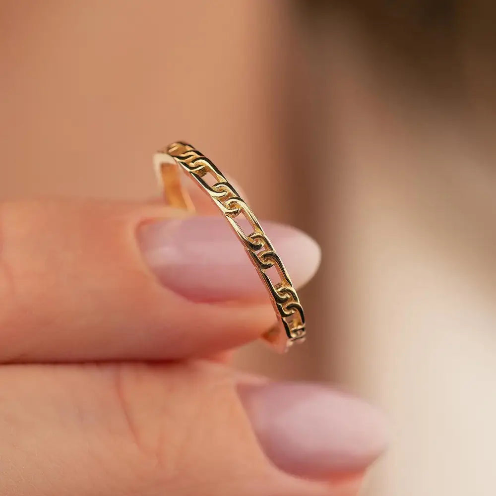 Dainty 14K Gold Chain Ring Elegant Linked Band Design Minimal Stacking Jewelry Gift