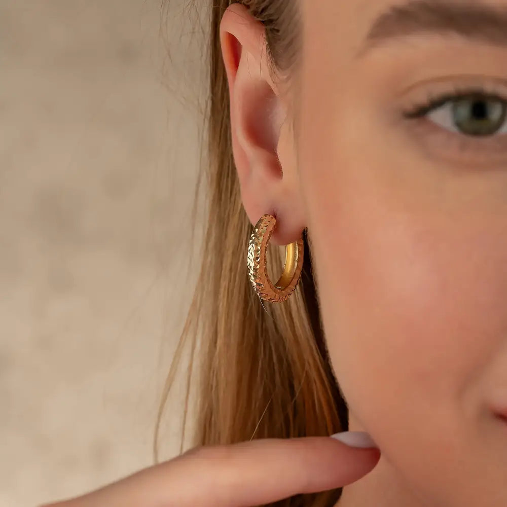 Diamond Cut Hoop Huggies Earrings 14K Solid Gold | Minimal Round Shiny Hoops 10 mm or 14 mm Huggy Hoops for Everyday