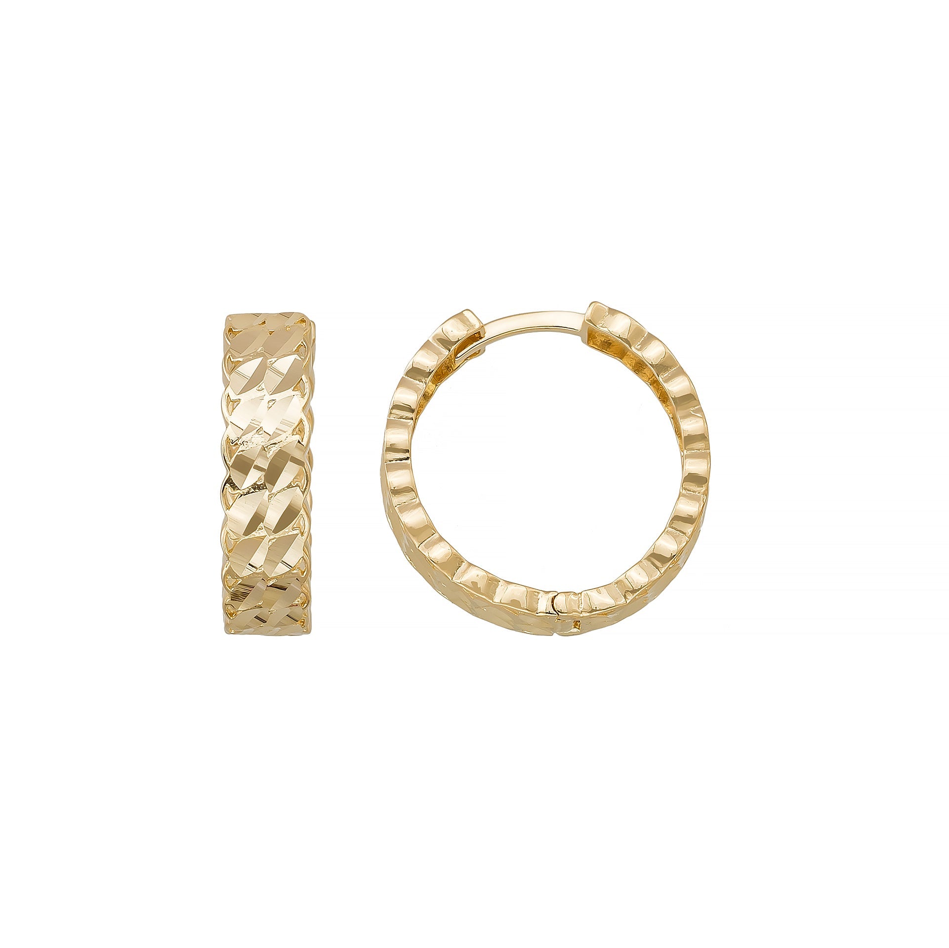 Diamond-Cut Huggie Hoop Earrings 14K Solid Gold | 11.5 mm 13.5 mm 15.7 mm Wide Huggy Hoops for Women - Single Small