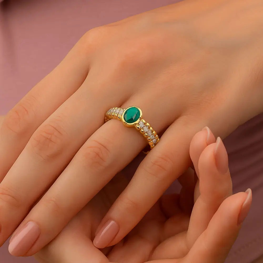 Emerald Birthstone Ring 14K Gold Art Deco Style Simulated Diamonds