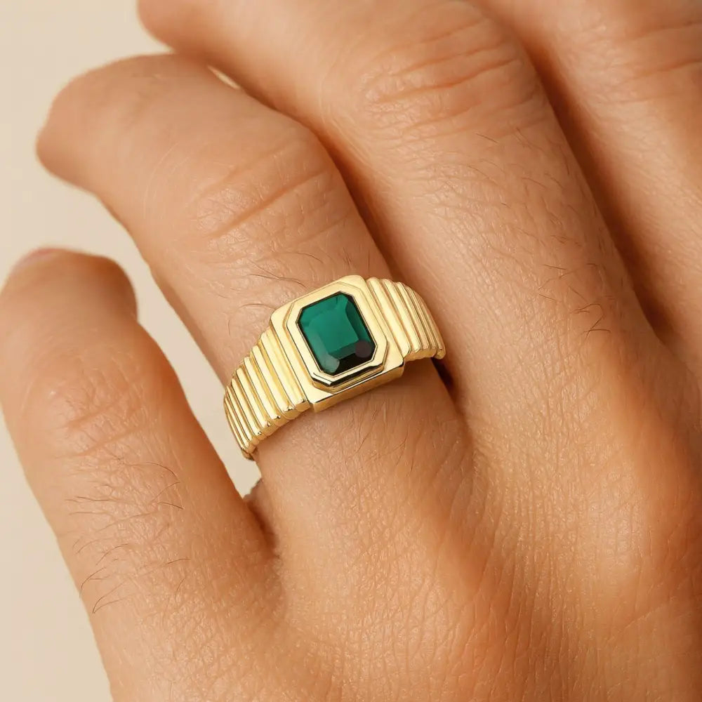 Emerald Cut Signet Ring 14K Solid Gold Ribbed Band