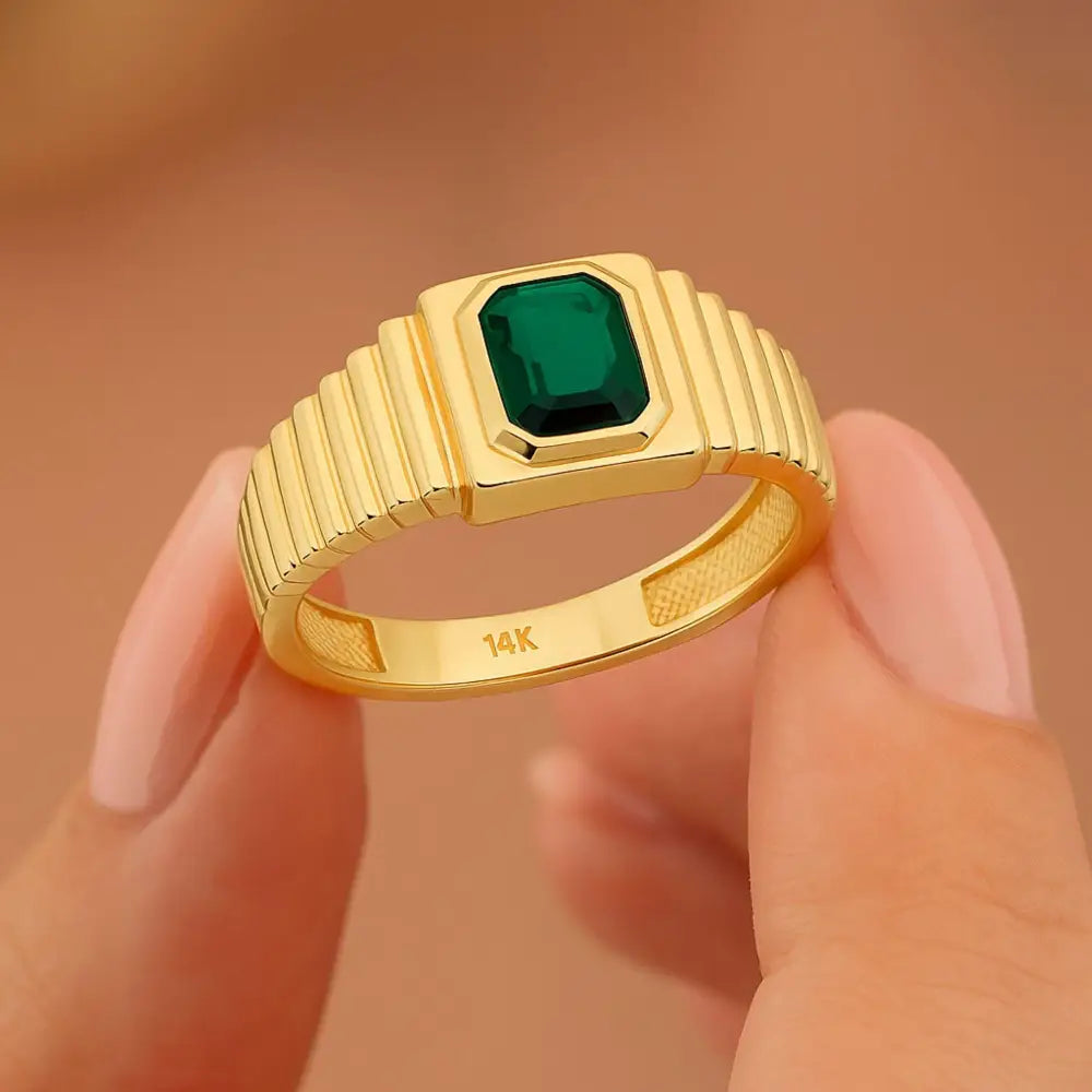 Emerald Cut Signet Ring 14K Solid Gold Ribbed Band