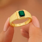 Emerald Cut Signet Ring 14K Solid Gold Ribbed Band