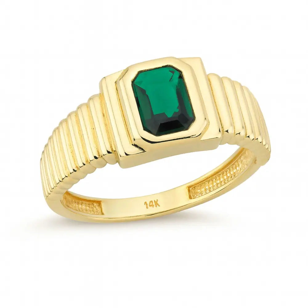 Emerald Cut Signet Ring 14K Solid Gold Ribbed Band
