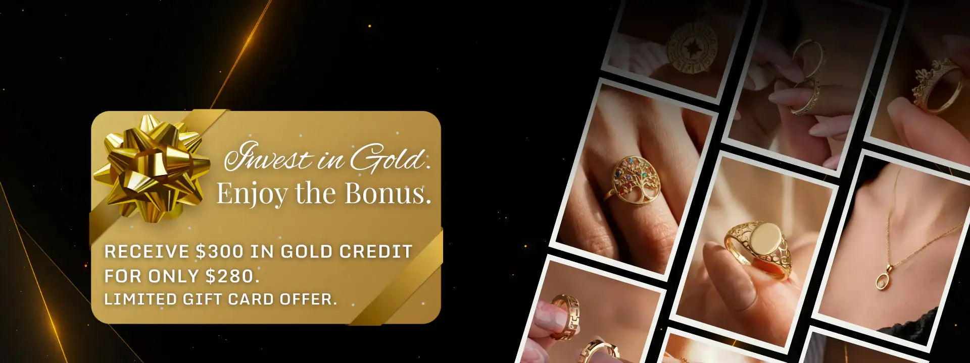 Gold-colored gift card with a bow design and promotional text.