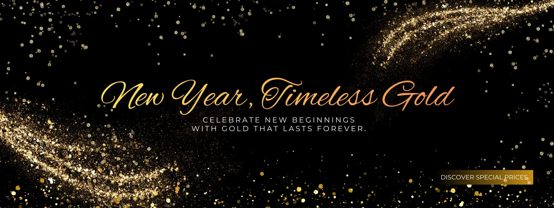 Golden cursive text reading ’new year, timeless gold’ against a black background with sparkling gold glitter.