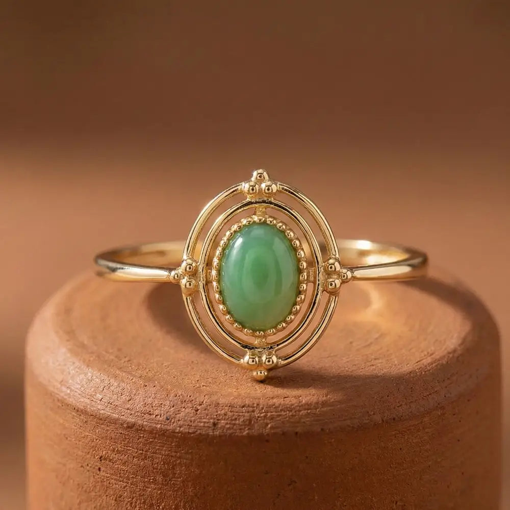 Green Cabochon Gold Ring Vintage Beaded Halo Frame with Double Band Timeless Boho Style