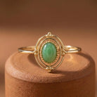 Green Cabochon Gold Ring Vintage Beaded Halo Frame with Double Band Timeless Boho Style