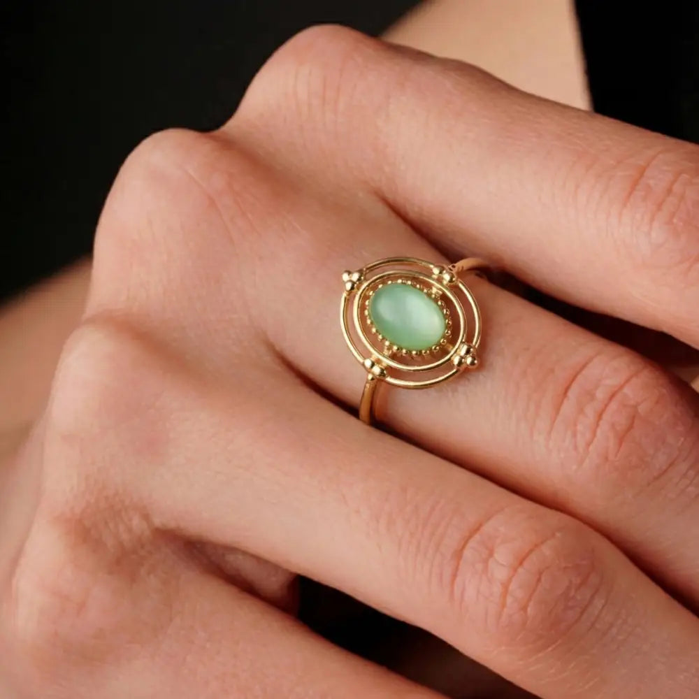 Green Cabochon Gold Ring Vintage Beaded Halo Frame with Double Band Timeless Boho Style